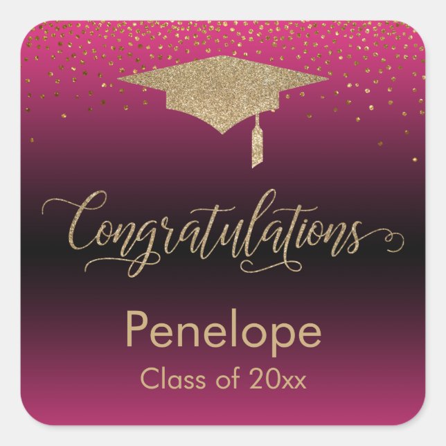 Congratulations Gold Confetti Graduation Hot Pink Square Sticker (Front)