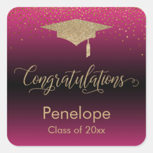 Congratulations Gold Confetti Graduation Hot Pink Square Sticker
