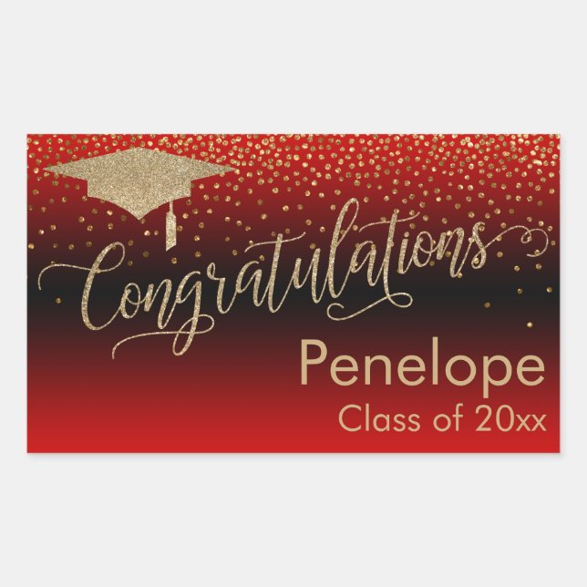 Congratulations Gold Confetti Graduation Red Sticker (Front)