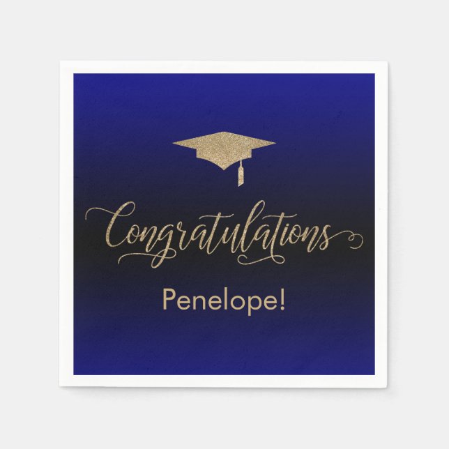 Congratulations Gold Glitter Blue Black Ombre Napkin (Front)