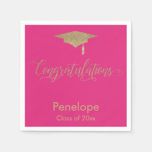 Congratulations Gold Glitter Graduation Cap Pink Napkin