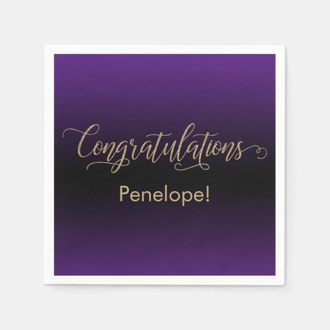 Congratulations Gold Glitter Purple & Black Ombre Napkin (Front)