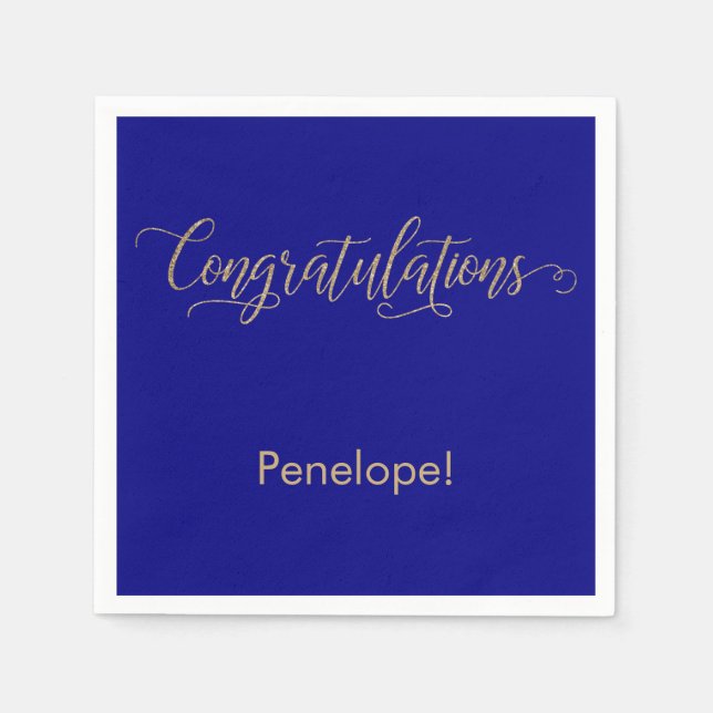 Congratulations Gold Glitter Typography on Blue Napkin (Front)