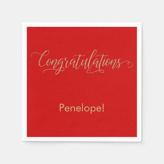 Congratulations Gold Glitter Typography, Red Napkin (Front)