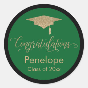 Congratulations Gold Graduation Cap Green Classic Round Sticker