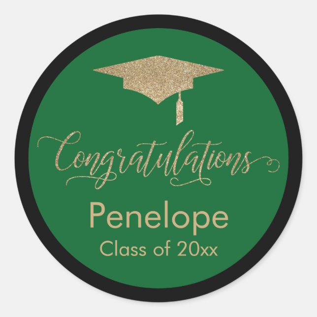 Congratulations Gold Graduation Cap Green Classic Round Sticker (Front)
