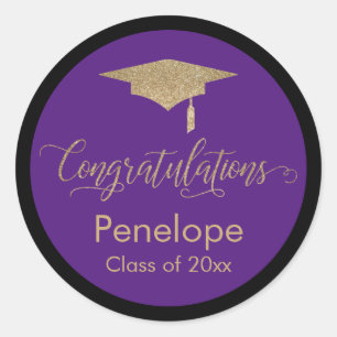 Congratulations Gold Graduation Cap Purple Classic Round Sticker