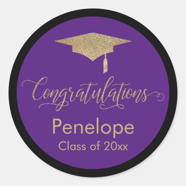 Congratulations Gold Graduation Cap Purple Classic Round Sticker (Front)