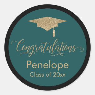 Congratulations Gold Graduation Cap Teal Classic Round Sticker