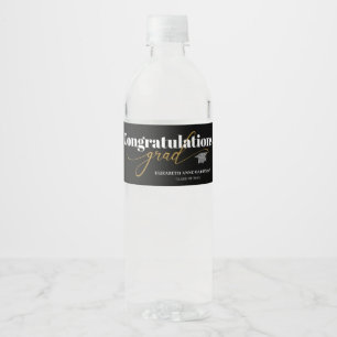 Congratulations Grad Black and Gold Script Water Bottle Label