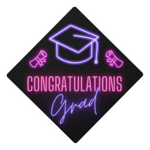 congratulations grad,black pink purple neon chic graduation cap topper