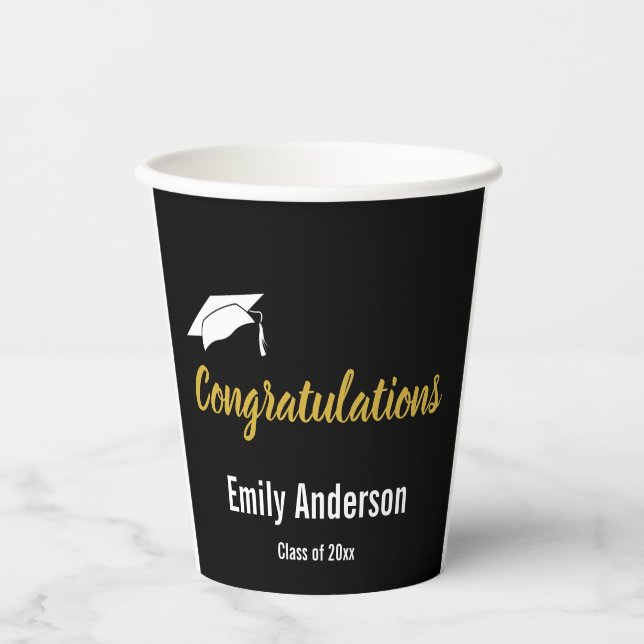 Congratulations Grad Black White Gold Graduation Paper Cups (Front)