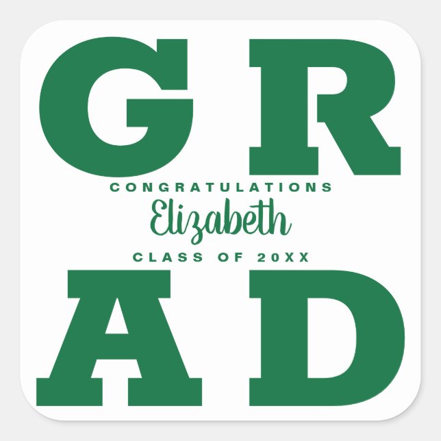 Congratulations Grad Green on White Square Sticker (Front)