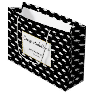 Congratulations Grad Name Black White Graduate Cap Large Gift Bag