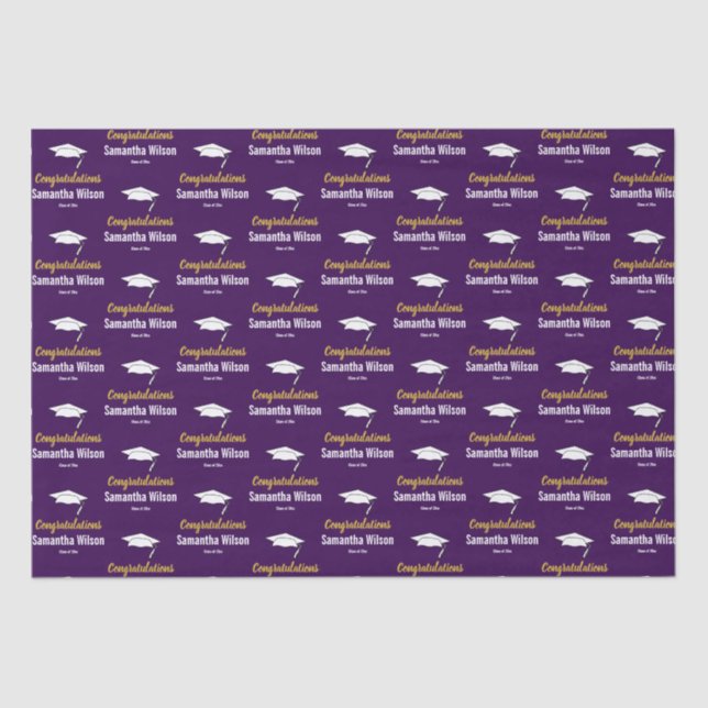 Congratulations Grad Name Dark Purple Gold White Tissue Paper (Front)