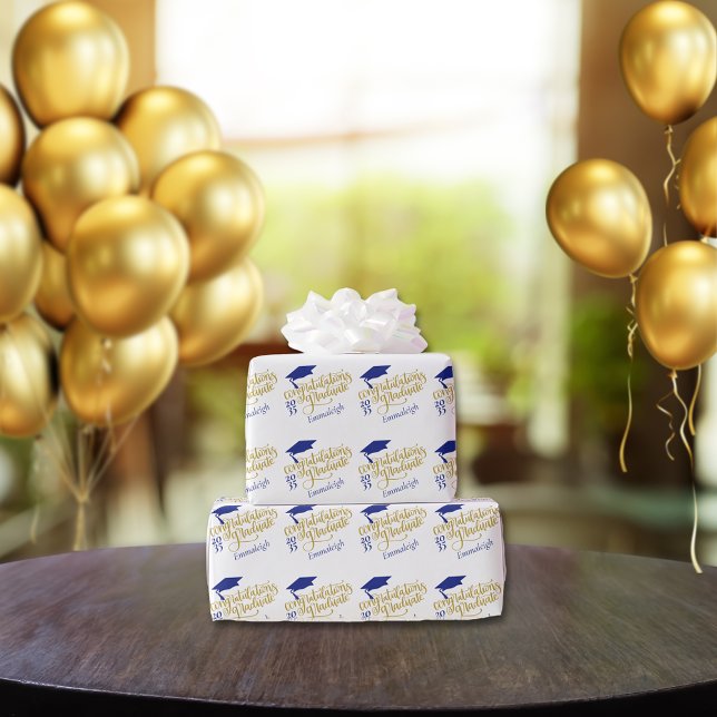 Congratulations Grad Year Monogram Blue Gold Wrapping Paper (Creator Uploaded)