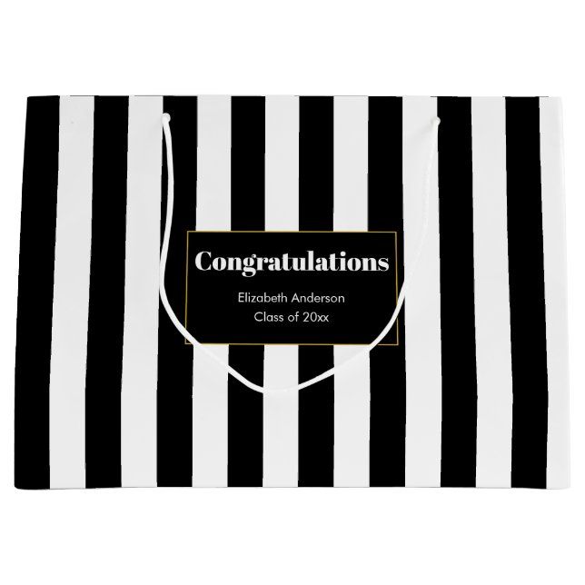 Congratulations Grad's Name Black White Stripes Large Gift Bag (Front)