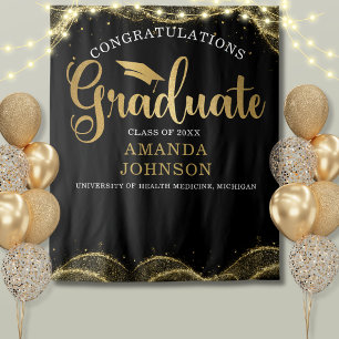 Congratulations Graduate Black and Gold Backdrop Tapestry