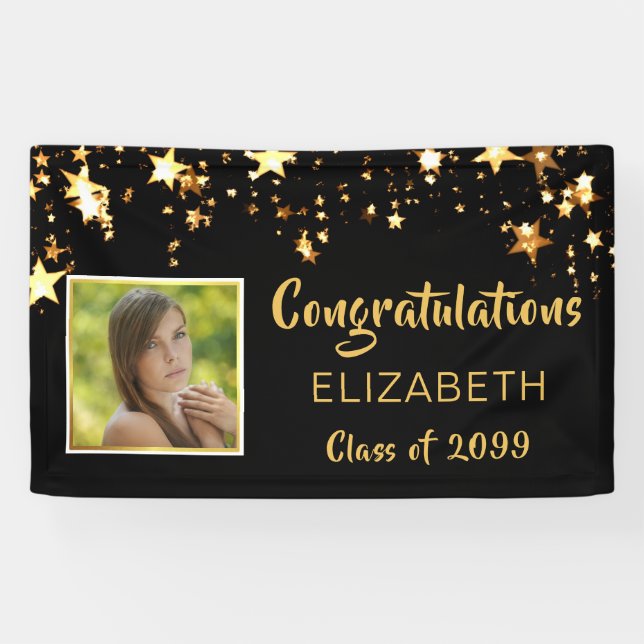 Congratulations Graduate Black & Gold Stars Photo Banner (Horizontal)