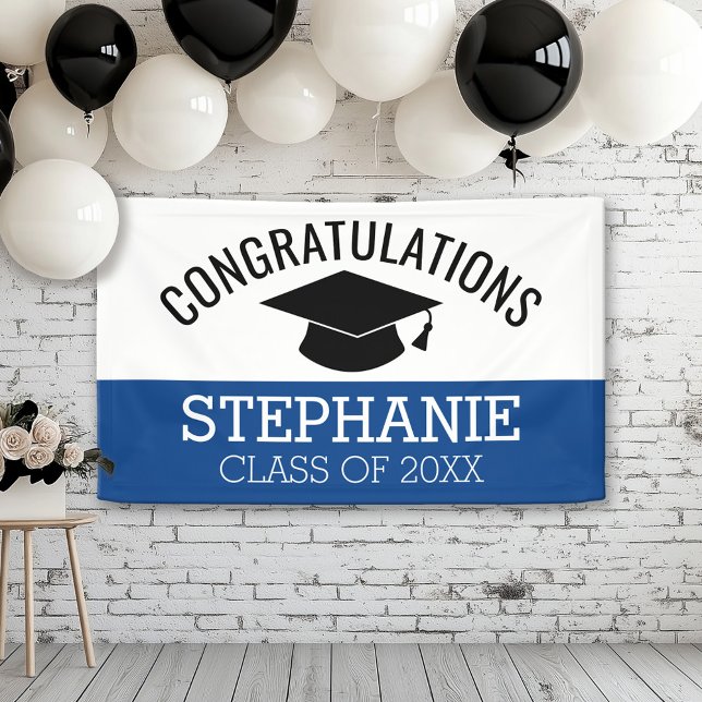 Congratulations Graduate - Blue Black Graduation Banner (Custom Graduation Banner for a Grad Party or Open House)