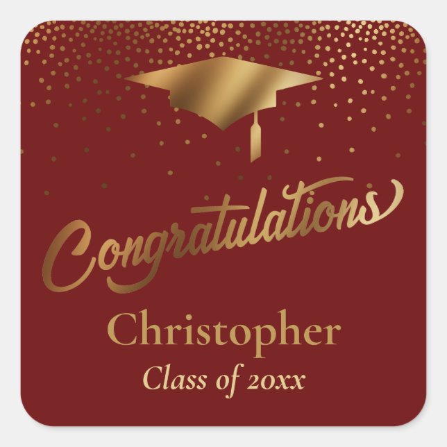 Congratulations Graduate, Class of Gold Burgundy Square Sticker (Front)