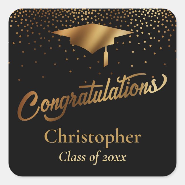 Congratulations Graduate, Class of Gold on Black Square Sticker (Front)