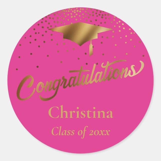 Congratulations Graduate, Class of Gold on Pink Classic Round Sticker (Front)