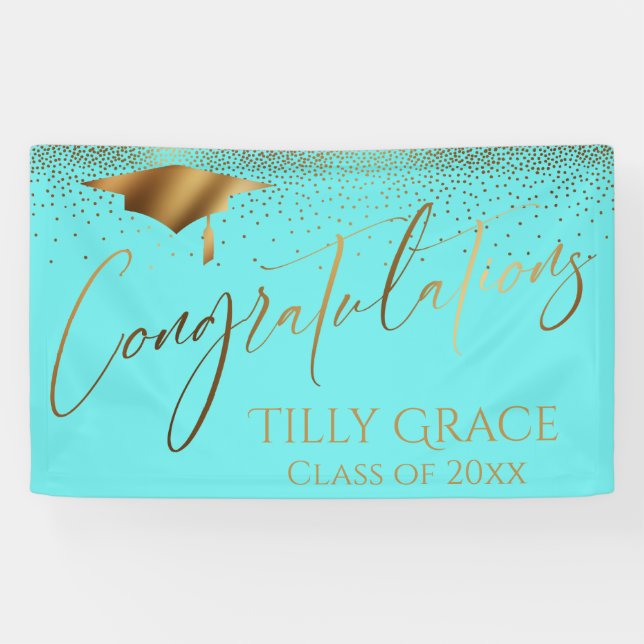 Congratulations Graduate Gold Confetti on Aqua Banner (Horizontal)