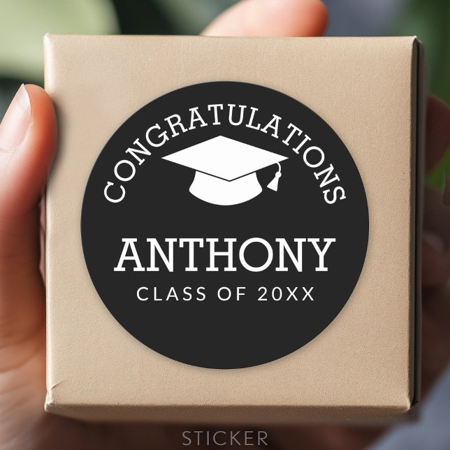 Congratulations Graduate Graduation Cap black Clas Classic Round Sticker (Custom Sticker for Party Favors and Envelopes)