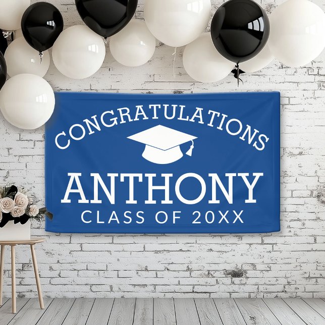 Congratulations Graduate Graduation Cap - blue Banner (Custom Graduation Banner for a Grad Party or Open House)