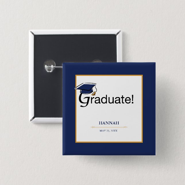 Congratulations Graduate, Hat, Tassel, Blue, Gold 2 Inch Square Button (Front & Back)
