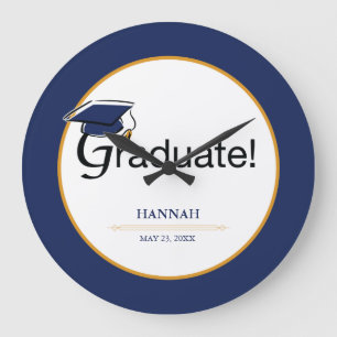 Congratulations Graduate, Hat, Tassel, Blue, Gold Large Clock