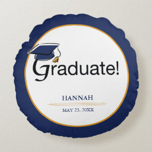 Congratulations Graduate, Hat, Tassel, Blue, Gold Round Pillow