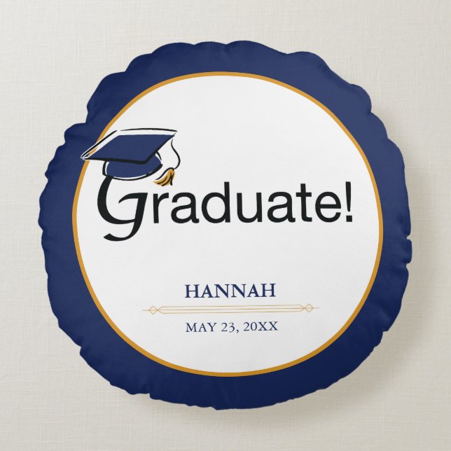Congratulations Graduate, Hat, Tassel, Blue, Gold Round Pillow (Front)