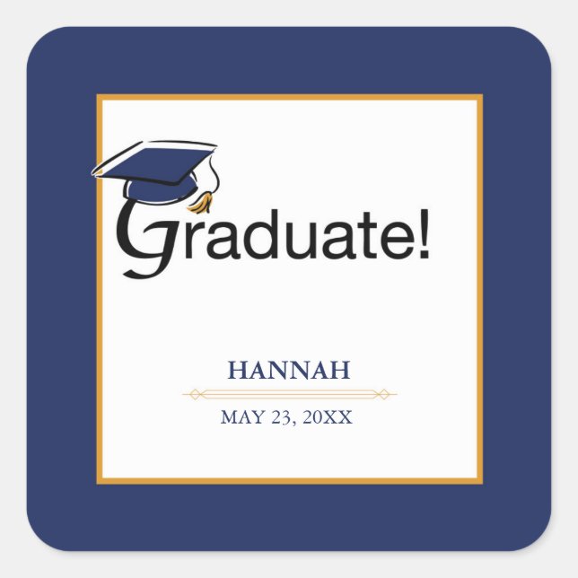 Congratulations Graduate, Hat, Tassel, Blue, Gold Square Sticker (Front)
