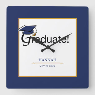 Congratulations Graduate, Hat, Tassel, Blue, Gold Square Wall Clock