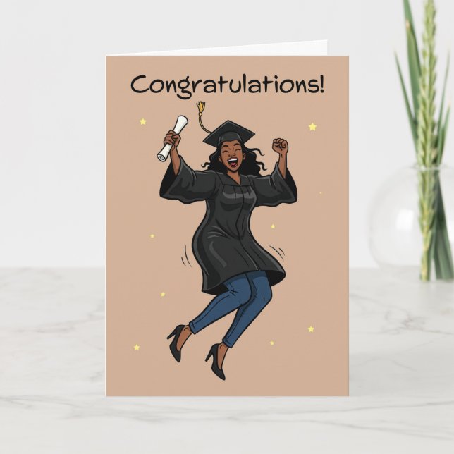 Congratulations Graduate Jumping African Woman Holiday Card (Front)