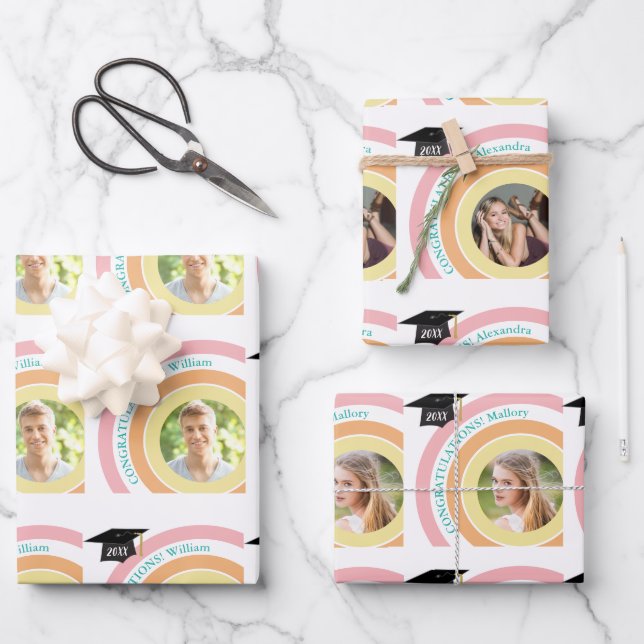 Congratulations Graduate Photo Pink and Orange Wrapping Paper Sheet (Front)