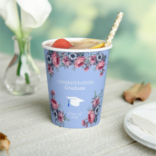 Congratulations Graduate Pink Roses Blue Anemone Paper Cups