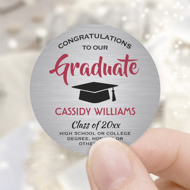 Congratulations Graduate Red and Grey Graduation Classic Round Sticker (Creator Uploaded)