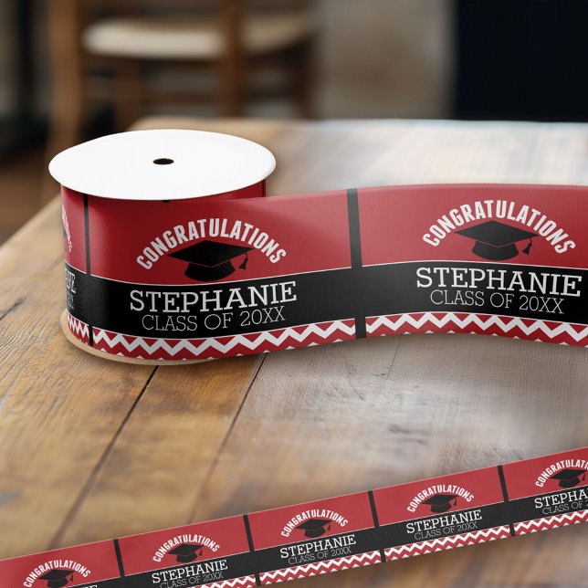 Congratulations Graduate - Red Black Graduation Satin Ribbon (Custom Graduation Ribbon)
