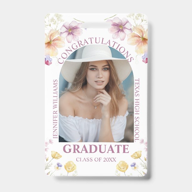 congratulations graduate watercolor floral photo  badge (Front)