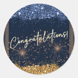 Congratulations Graduation Blue & Gold Sparkle Classic Round Sticker
