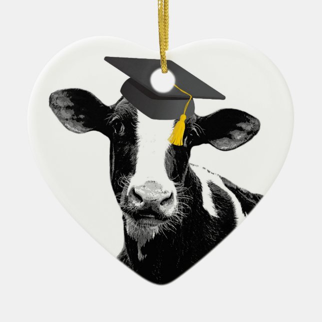 Congratulations Graduation Funny Cow in Cap Ceramic Ornament (Front)