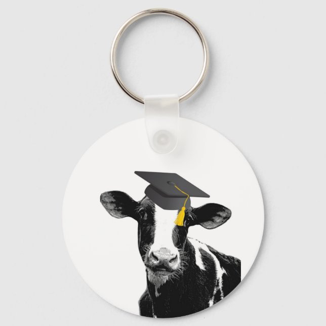 Congratulations Graduation Funny Cow in Cap Keychain (Front)