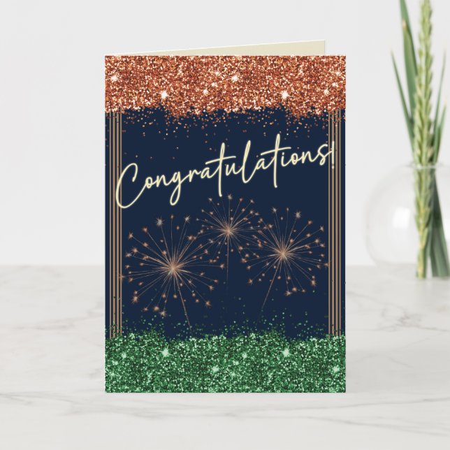 Congratulations Graduation Green & Orange Sparkle Card (Front)