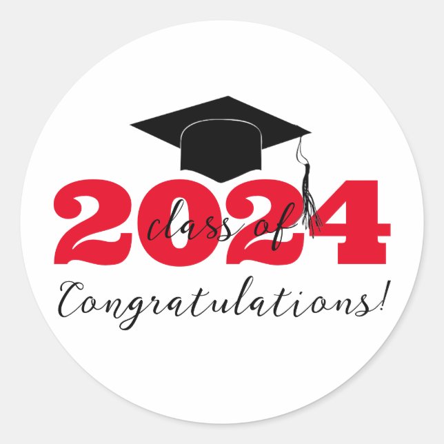 Congratulations Graduation Hat Red Black White Classic Round Sticker (Front)