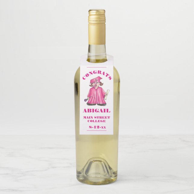 Congratulations Graduation Pink Graduate Cap Gown Bottle Tag (On Bottle)