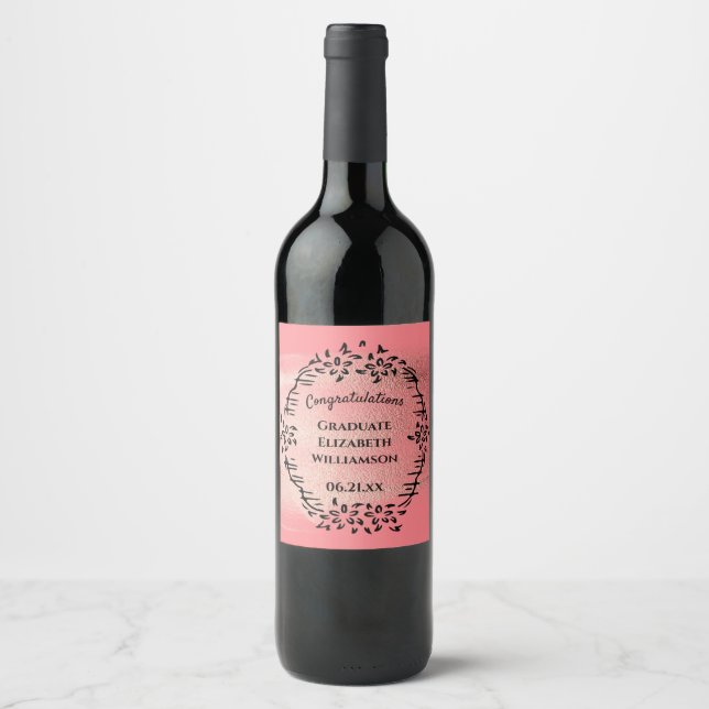 Congratulations Graduation Pink Vintage Floral Wine Label (Front)
