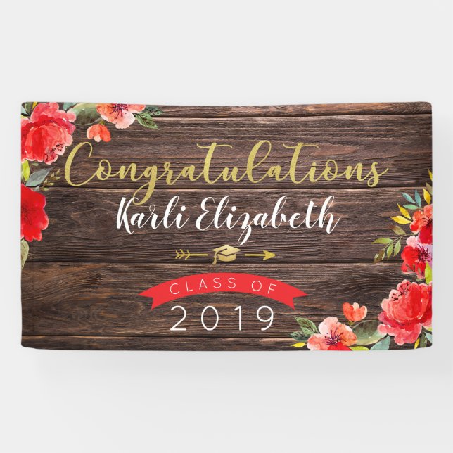 Congratulations Graduation Rustic Floral Red/Gold Banner (Horizontal)